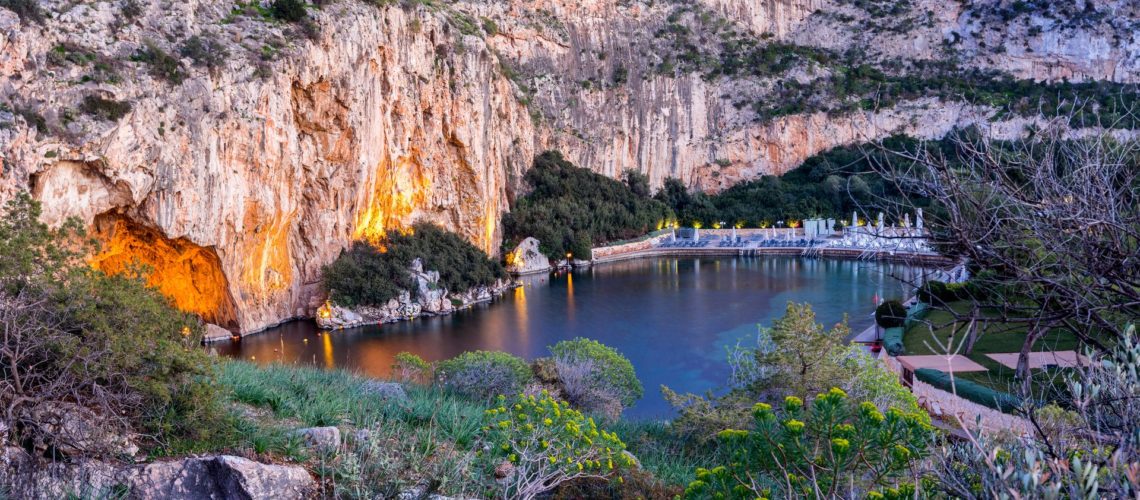 Lake Vouliagmeni near south Athens, Greece, after sunset