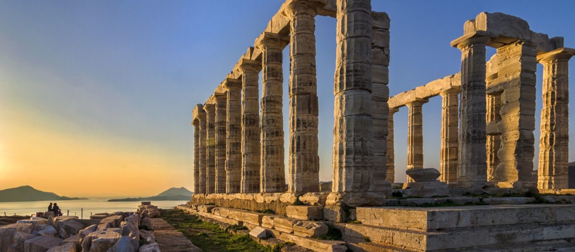 Sounion, Attica / Greece: Colorful Sunset At Cape Sounion And Th